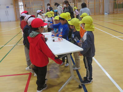 松ぼっくりやどんぐりなどで作ったおもちゃで遊んでいます